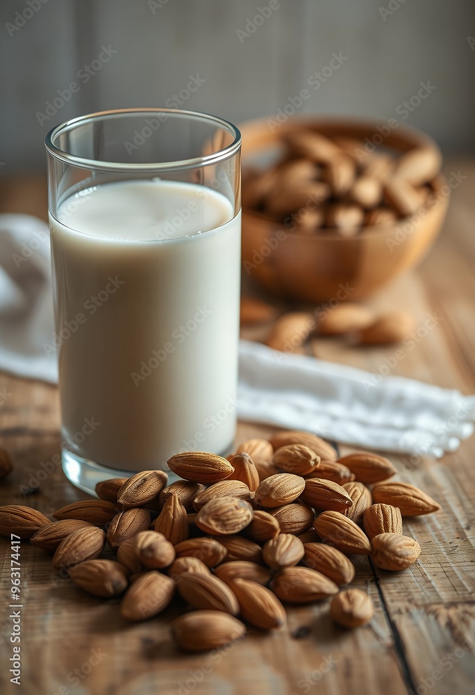 A glass of almond milk sits on a wooden surface next to a pile of almonds A glass of almond milk sits on a wooden surface next to a pile of almonds