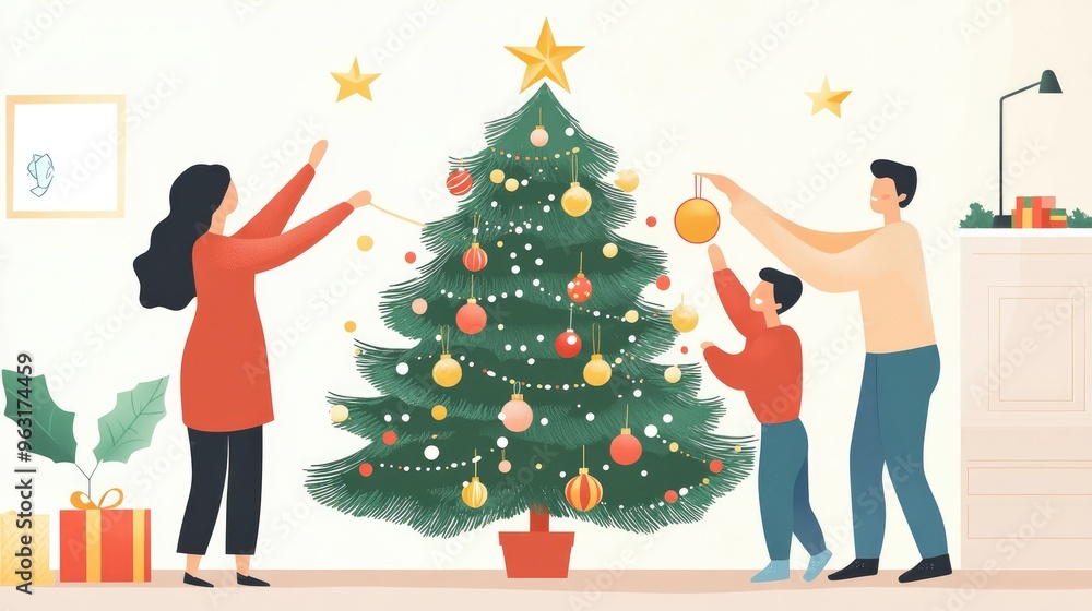 Family decorating a Christmas tree together, hanging ornaments and placing a star on top. Family decorating a Christmas tree together, hanging ornaments and placing a star on top.