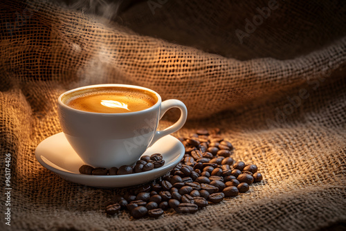 Steaming espresso in white ceramic cup surrounded by roasted coffee beans on rustic burlap sack