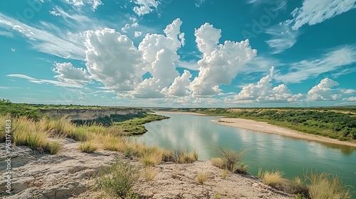 Wide Angle View of the Colordao Riverin Texas With Large Clouds in the Sky : Generative AI photo