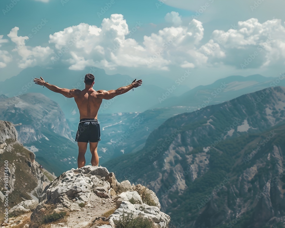 Man Stands Atop Majestic Mountain Peak with Arms Raised Celebrating Adventurous Achievement Man Stands Atop Majestic Mountain Peak with Arms Raised Celebrating Adventurous Achievement