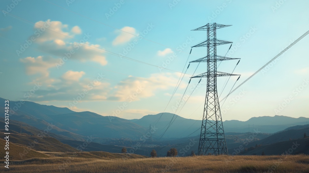 Detailed shot of a modern electricity transmission tower with a focus on the metallic framework and connecting power lines, set against a scenic backdrop. Detailed shot of a modern electricity transmission tower with a focus on the metallic framework and connecting power lines, set against a scenic backdrop.