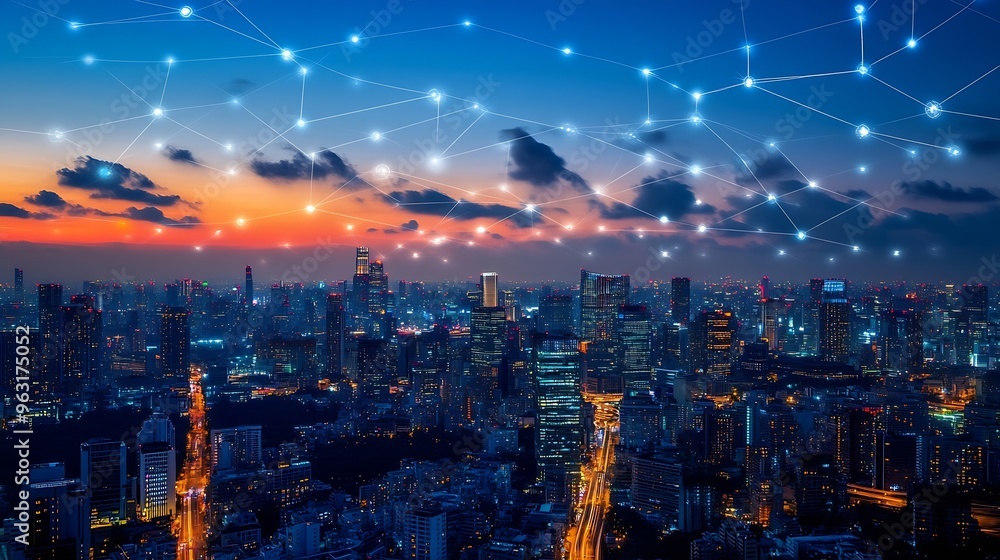 Fototapeta premium Modern city with wireless network connection and city scape conceptWireless network and Connection technology concept with city background at night : Generative AI