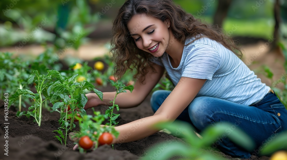 A young woman in jeans and a t-shirt smiles as she tends to her tomato plants in her garden. A young woman in jeans and a t-shirt smiles as she tends to her tomato plants in her garden.