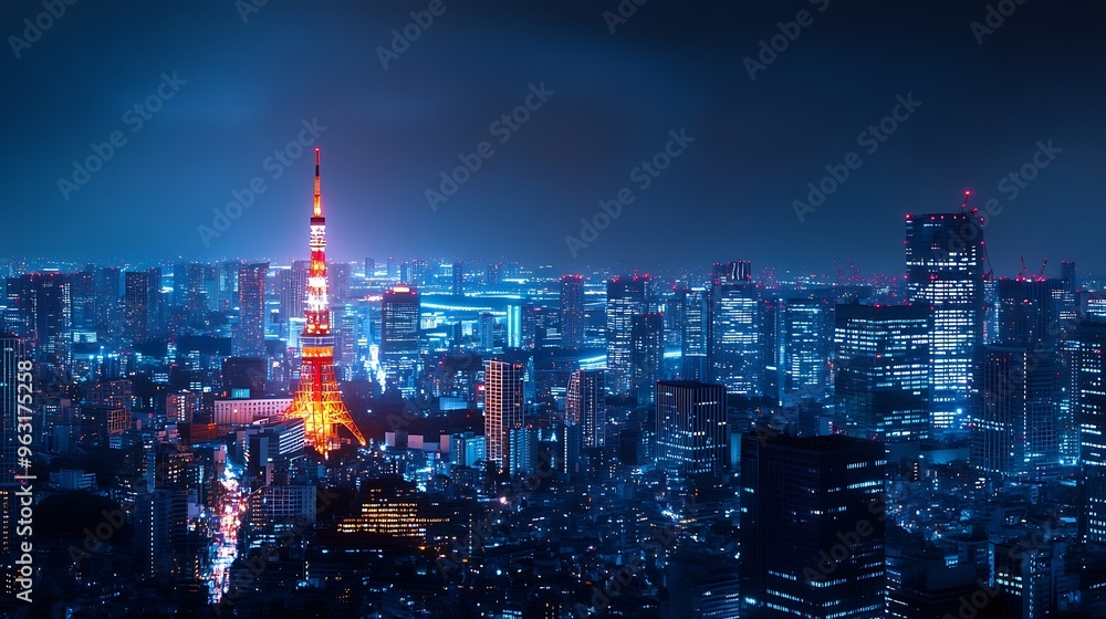 Obraz premium Wireless network and Connection technology concept with Tokyo city background at night in Japan panorama view : Generative AI