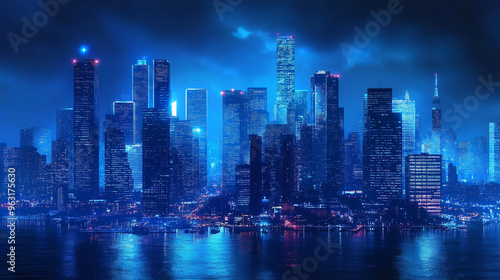 modern city skyline at night cityscape buildings in downtown line-based visualization