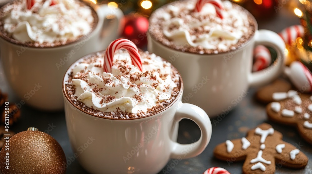 Hot cocoa with whipped cream and candy canes served next to gingerbread cookies on a festive table. Hot cocoa with whipped cream and candy canes served next to gingerbread cookies on a festive table.