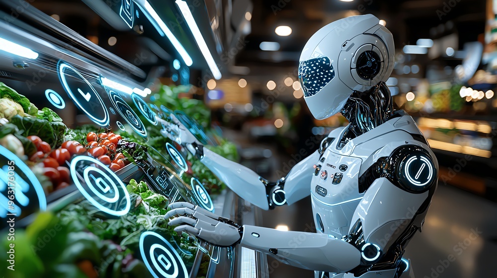 Fototapeta premium A futuristic robot selecting fresh produce in a modern grocery store, showcasing the blend of technology and daily life.