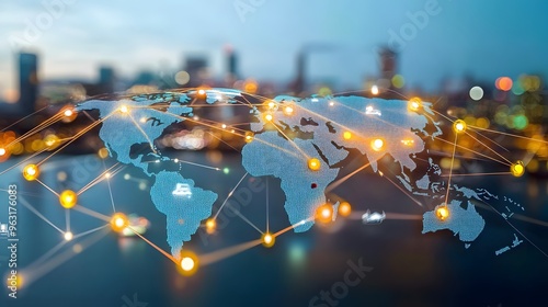 Abstract representation of economic policy impacting global trade routes, concept of international economic relations photo