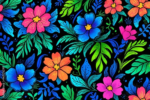 A vibrant floral pattern bursts with color against a dark background, showcasing nature’s beauty with a modern artistic flair, perfect for vibrant decor.