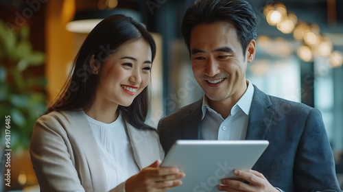 Two happy professional business people team Asian woman and Latin man workers working using digital tablet discussing financial marketing strategy at corporate office meeting vertical : Generative AI