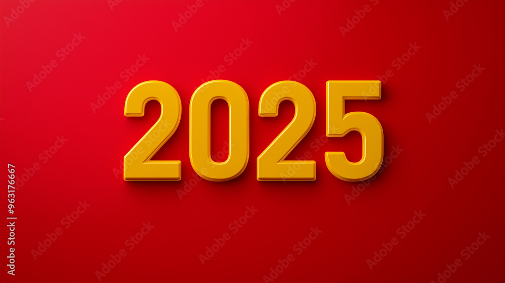 Bold yellow 2025 text on vibrant red background with copy space, new year 2025 concept Bold yellow 2025 text on vibrant red background with copy space, new year 2025 concept
