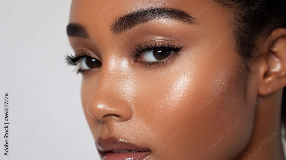 Detailed shot of a woman with perfect makeup application, including defined brows, radiant foundation, and glossy lips, emphasizing her polished beauty. Detailed shot of a woman with perfect makeup application, including defined brows, radiant foundation, and glossy lips, emphasizing her polished beauty.