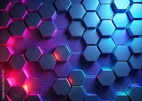 Hexagonal tiles in vibrant, neon colors, arranged in a staggered formation to create a futuristic and modern design, set against a dark and gradient blue background. photo