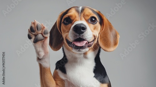 A cute little puppy raising one paw and looking up at the camera. creative banner with copy space