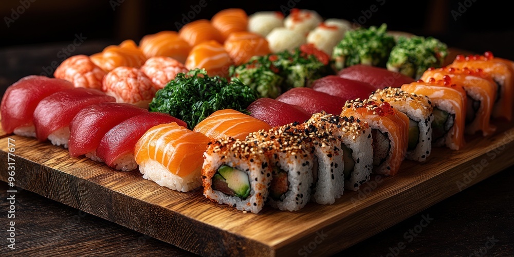 Assorted Sushi Rolls on Wooden Board Assorted Sushi Rolls on Wooden Board