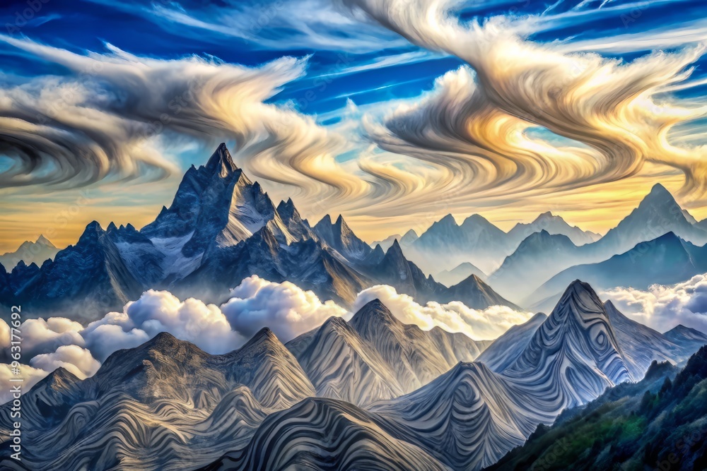 Sweeping cloudscape with cumulus clouds shaped like majestic mountain ranges, blending seamlessly with intricate, hand-drawn topographic patterns, evoking a sense of grandeur and awe. Sweeping cloudscape with cumulus clouds shaped like majestic mountain ranges, blending seamlessly with intricate, hand-drawn topographic patterns, evoking a sense of grandeur and awe.