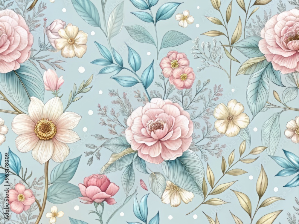 Delicate, hand-drawn florals on a soft, pale blue background, with intricate details and gentle color transitions, and a subtle sense of movement. Delicate, hand-drawn florals on a soft, pale blue background, with intricate details and gentle color transitions, and a subtle sense of movement.