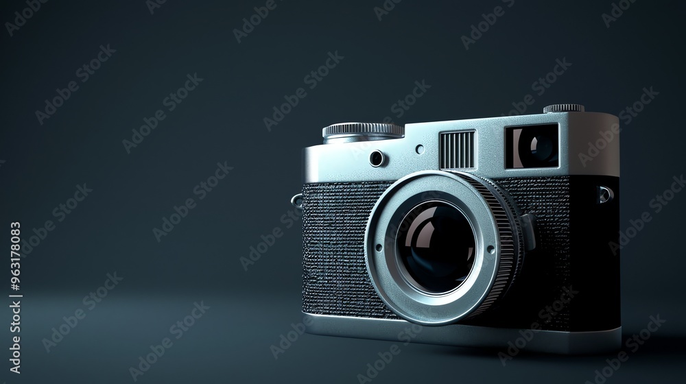 An old silver film camera on a dark background. An old silver film camera on a dark background.