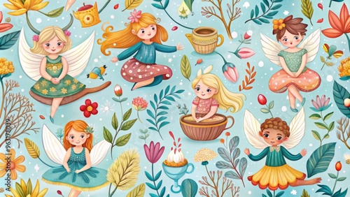 A whimsical, dreamlike pattern featuring fantastical, season-specific motifs, such asspring fairies amidst blooming flowers, summer mermaids riding waves, autumn critters playing among leaves photo