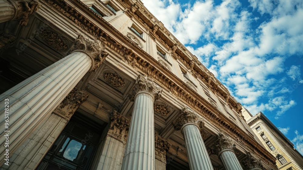 Naklejka premium Classical Building with Ornate Pillars Under Blue Sky