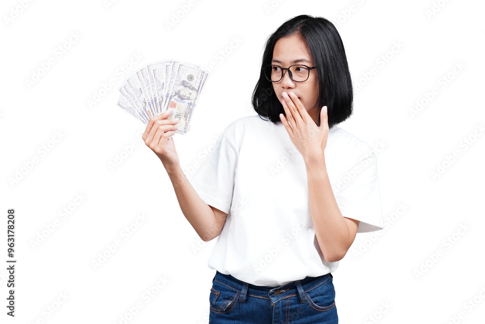 A surprised asian woman with money isolated transparent A surprised asian woman with money isolated transparent