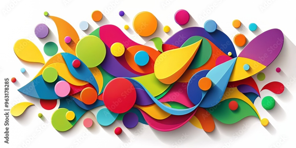 Fototapeta premium Abstract design featuring irregular shapes in bold, bright colors on a pure white background, with a slight drop shadow to give the impression of depth.