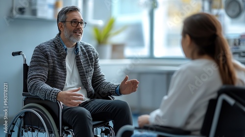 Physical therapist in wheelchair talking with patient in clinic exam room : Generative AI