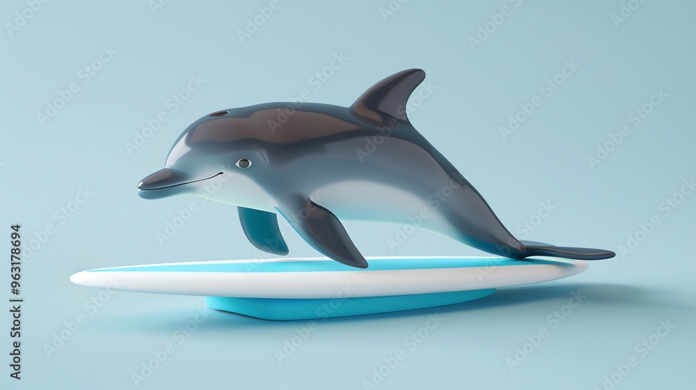 A cartoon dolphin surfing on a surfboard in a blue background. A cartoon dolphin surfing on a surfboard in a blue background.