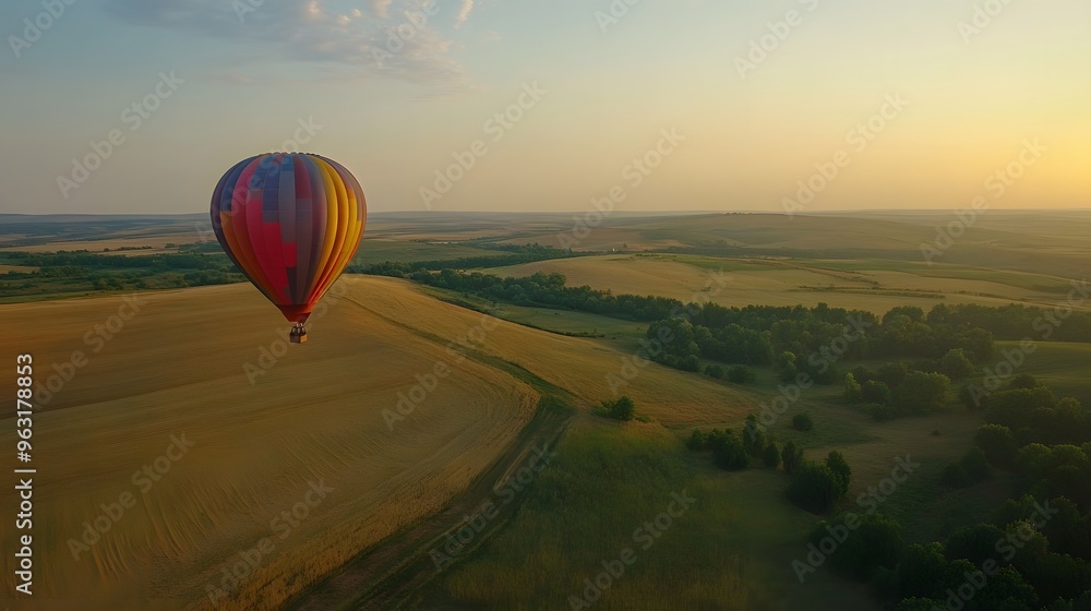 Obraz premium 7. An old-fashioned hot air balloon rising over a vast, open countryside