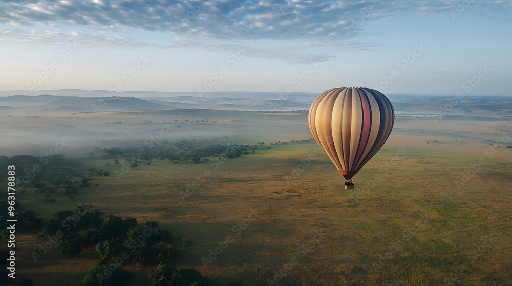 Obraz premium 7. An old-fashioned hot air balloon rising over a vast, open countryside
