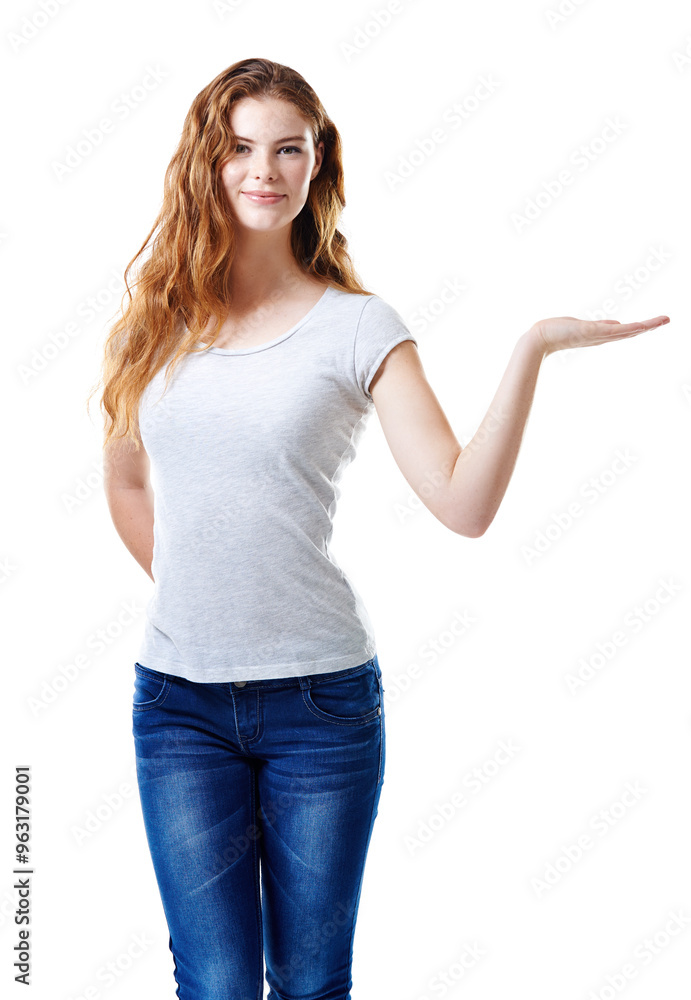 Student, portrait or hand in studio with option, product placement or future scholarship. Girl, positive or gesture on white background space for decision, vote or choice for higher education funding Student, portrait or hand in studio with option, product placement or future scholarship. Girl, positive or gesture on white background space for decision, vote or choice for higher education funding