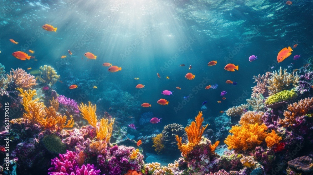 Naklejka premium Vibrant Underwater Coral Reef with Colorful Fish