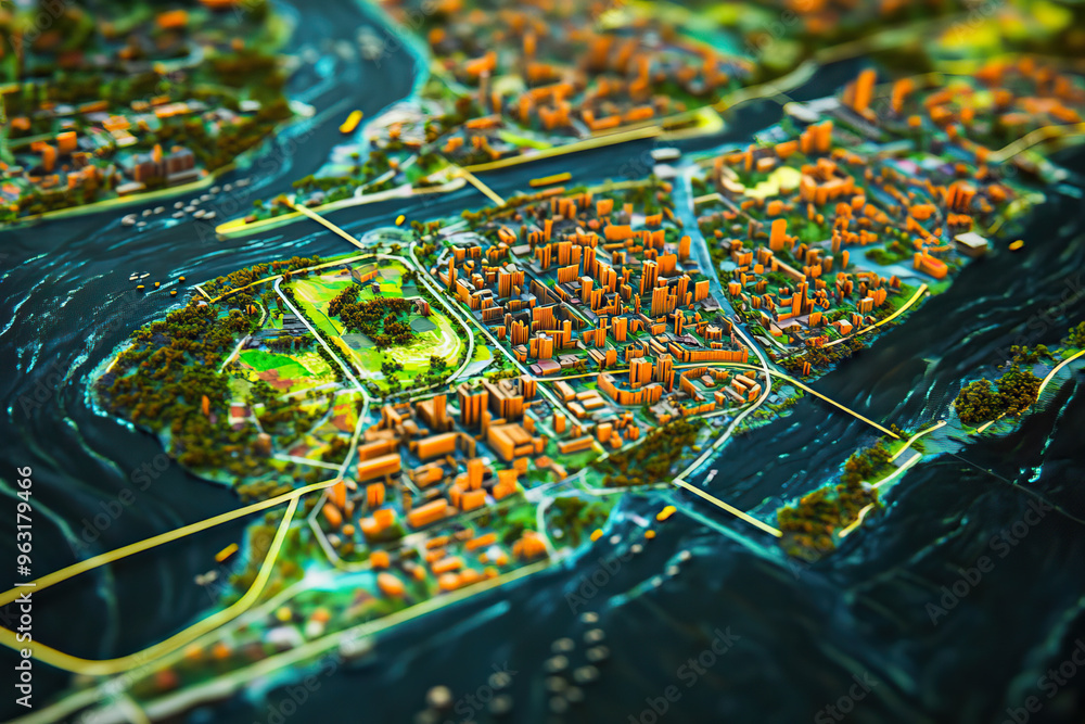 Technical aerial visual, 3D LiDAR GIS aerial map satellite scan model ...