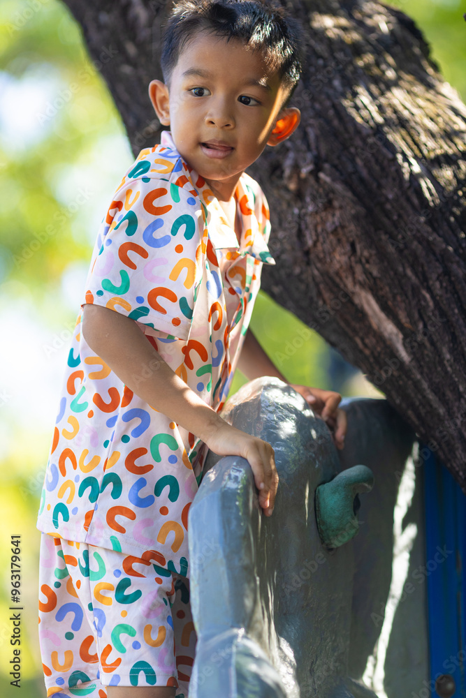 Little asian boy enjoy climbing on playground hill toy practive in city park Little asian boy enjoy climbing on playground hill toy practive in city park