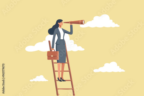A career woman standing on the ladder of success uses a telescope for future vision