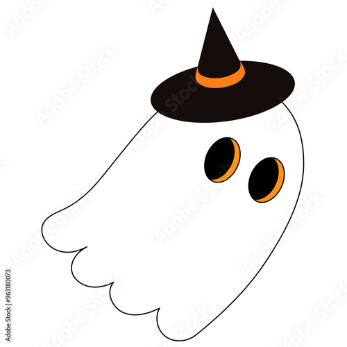 cute white ghost wearing witch hat cartoon is flying illustrations 