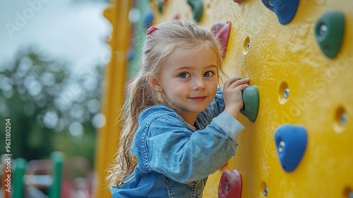 Little girl kid climbing wall at yellow playground park Child in motion during active entertaiments : Generative AI photo