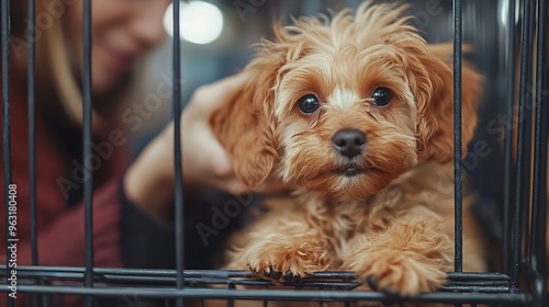 Pet Shop employee putting Small Dog inside cage Pet in isolation behing bars : Generative AI photo