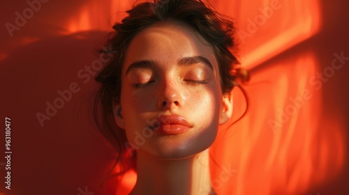 Wallpaper Mural Portrait of young beautiful woman with plump lips with closed eyes in red light on orange background with copy space Torontodigital.ca