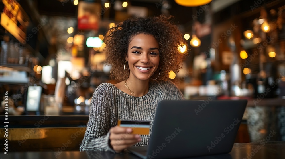Smiling woman using a credit card and laptop in a cafe representing online shopping and digital payment in a modern urban setting : Generative AI Smiling woman using a credit card and laptop in a cafe representing online shopping and digital payment in a modern urban setting : Generative AI