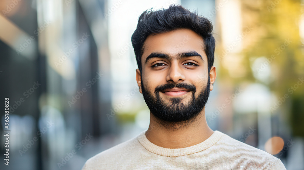 Confident young indian man with stylish beard smiling in urban city setting, exuding success and happiness. Reflects modern, diverse lifestyle of successful millennial in his 20s Confident young indian man with stylish beard smiling in urban city setting, exuding success and happiness. Reflects modern, diverse lifestyle of successful millennial in his 20s