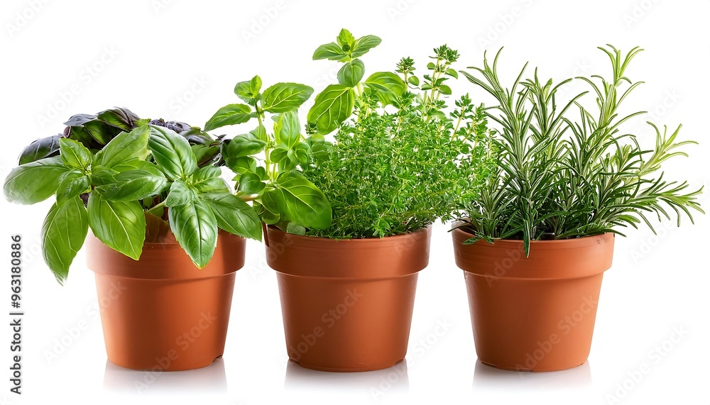 Clipping Path for Potted Herbs - Culinary herbs in pots cut out with full depth of field. Clipping Path for Potted Herbs - Culinary herbs in pots cut out with full depth of field.
