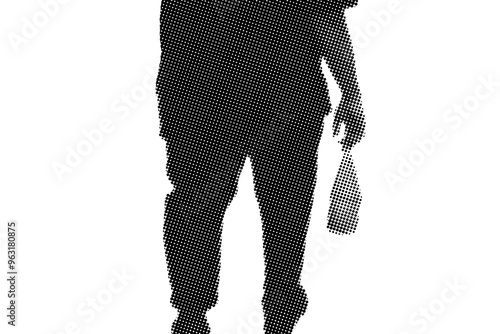 rear view of man walking while holding plastic bag pixelate color halftone dotted texture style collage element