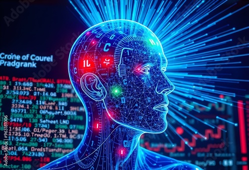 a man made up of transparent web of blue rays his head show the crypto red and green signals and in the background crypto signals shown on the screen