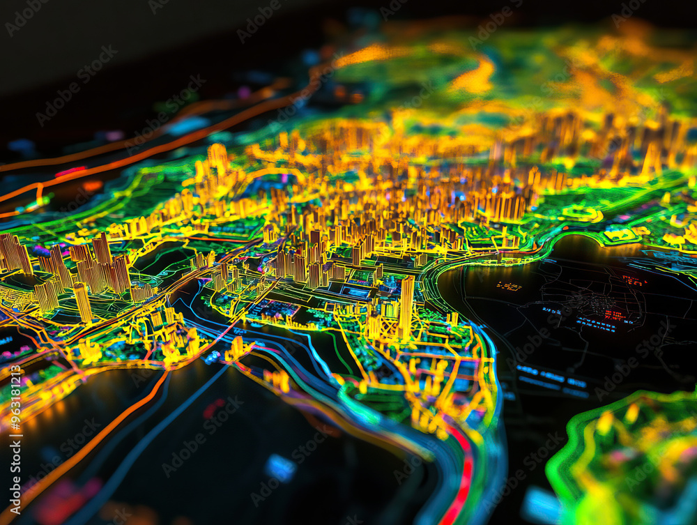 Obraz premium Technical aerial visual, 3D LiDAR GIS aerial map satellite scan model isolated, showing Pavlodar, Kazakhstan . Elevation, topography, render