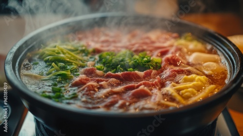 Detailed view of a hot pot with a variety of ingredients, such as thinly sliced meat and fresh vegetables, steaming and cooking in the rich, aromatic broth.