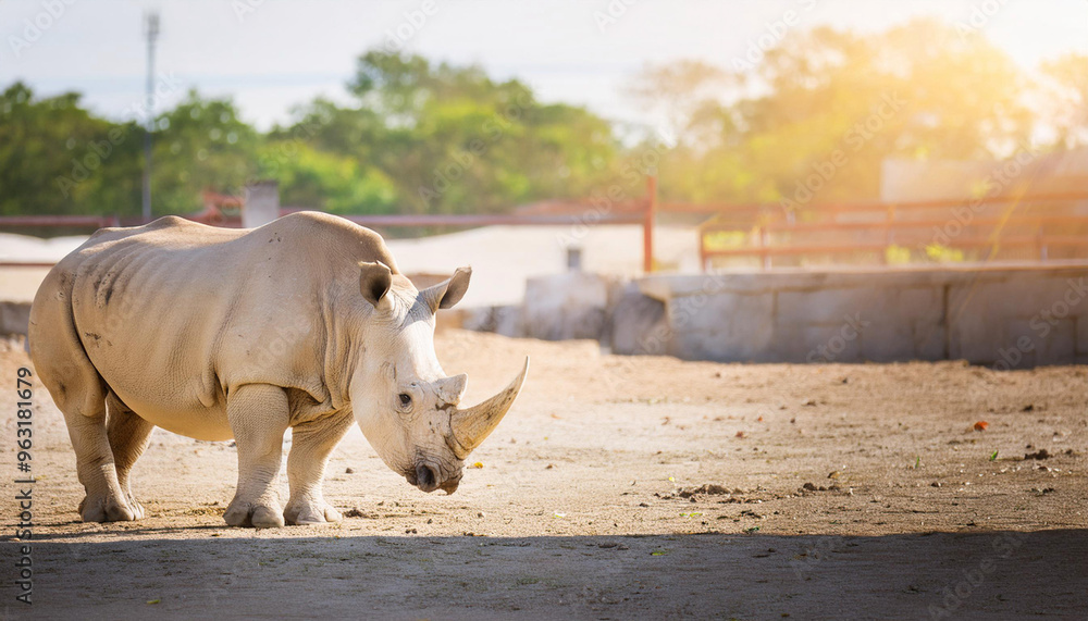 Obraz premium White Rhinoceros Standing in a Sunny and Copy Space