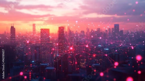 Wallpaper Mural Wireless network and Connection technology concept with Abstract buildings and city background : Generative AI Torontodigital.ca