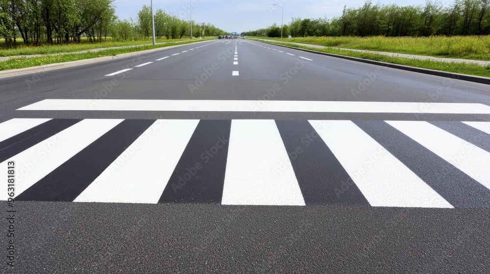 Obraz premium A modern urban landscape features horizontal white lines of a crosswalk on an empty asphalt road in China, showcasing a serene city square without traffic